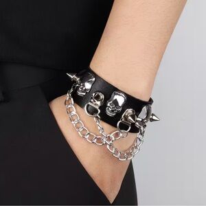 {NEW} Black Skull & Spike Chain Leather Cuff Bracelet
